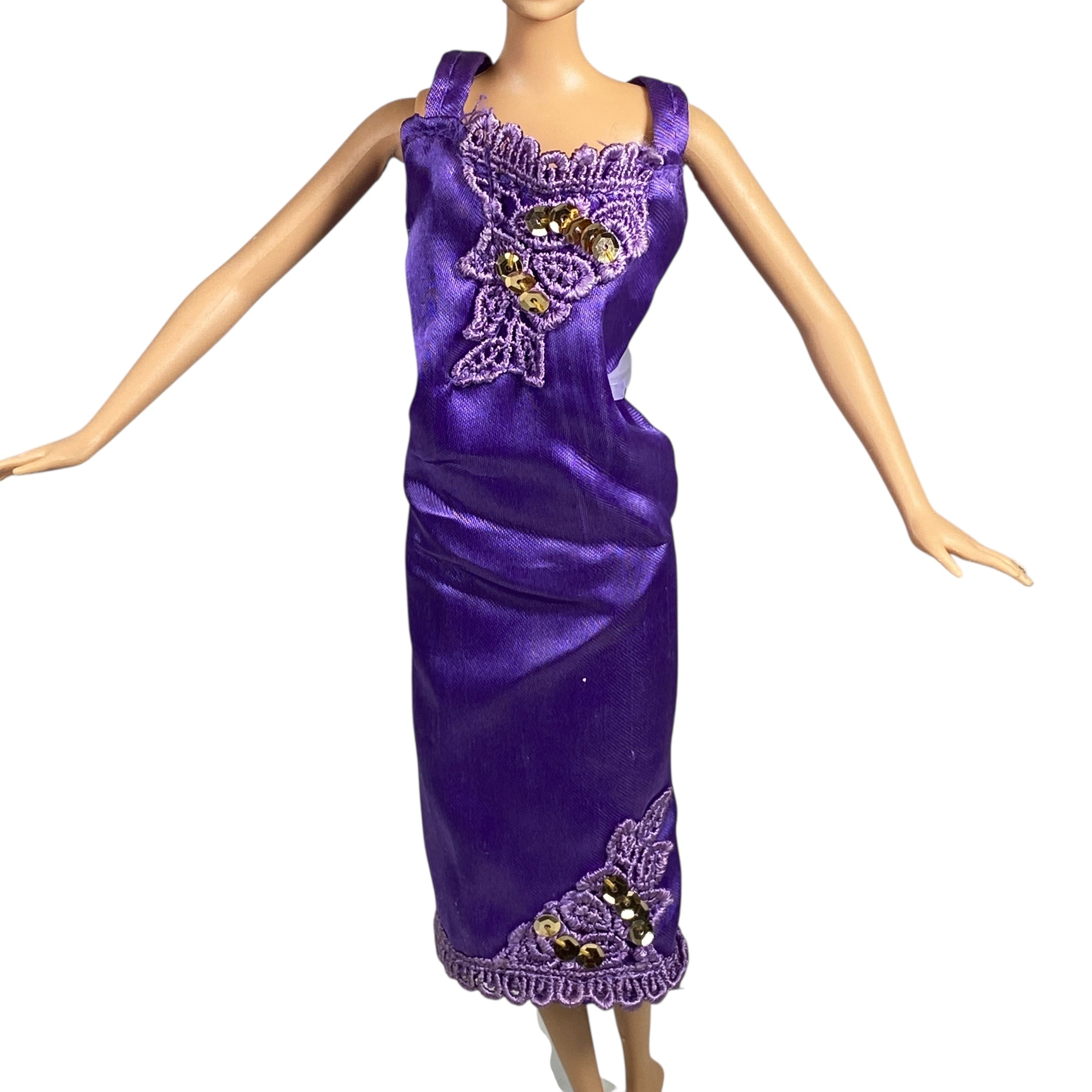 purple barbie dress Tremendous gown sequins big flair Shopping World Cake and Presents all in one Barbie Purple Dress with Sparkles